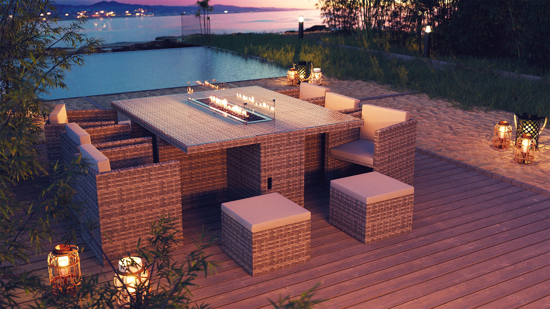 Brooklyn L with Firepit-polyrattan_ocean_line_grey